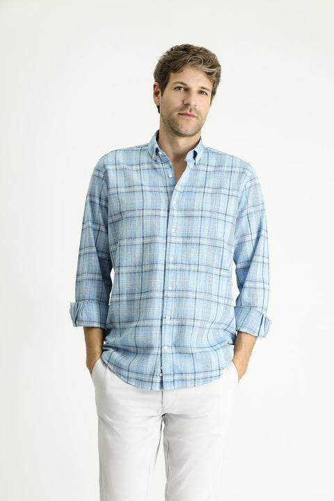 Light Turquoise Long Sleeve Regular Fit Plaid Sport Cotton Shirt