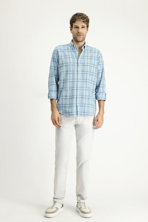 Light Turquoise Long Sleeve Regular Fit Plaid Sport Cotton Shirt