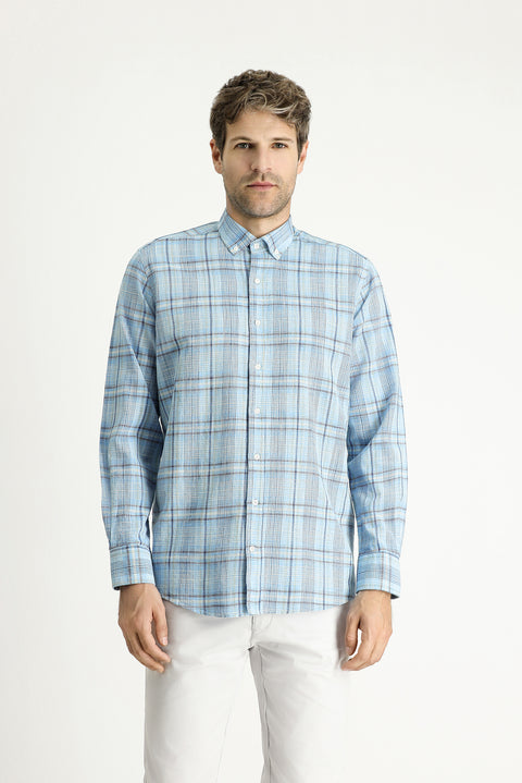 Light Turquoise Long Sleeve Regular Fit Plaid Sport Cotton Shirt
