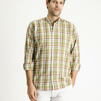Light Khaki Long Sleeve Regular Fit Plaid Sport Cotton Shirt