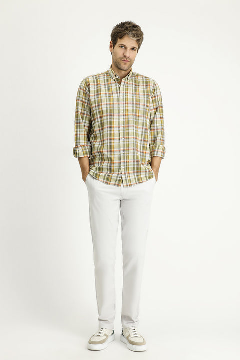 Light Khaki Long Sleeve Regular Fit Plaid Sport Cotton Shirt