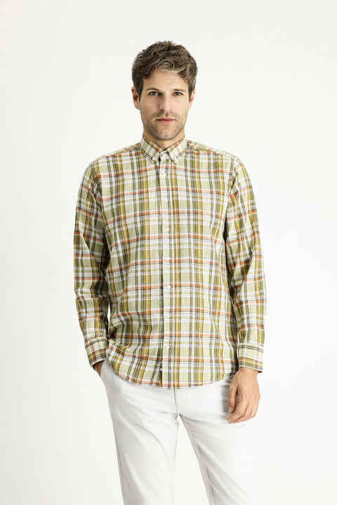 Light Khaki Long Sleeve Regular Fit Plaid Sport Cotton Shirt