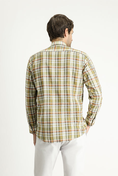 Light Khaki Long Sleeve Regular Fit Plaid Sport Cotton Shirt