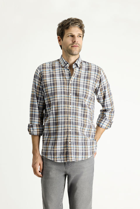 Light Anthracite Long Sleeve Regular Fit Plaid Sport Cotton Shirt