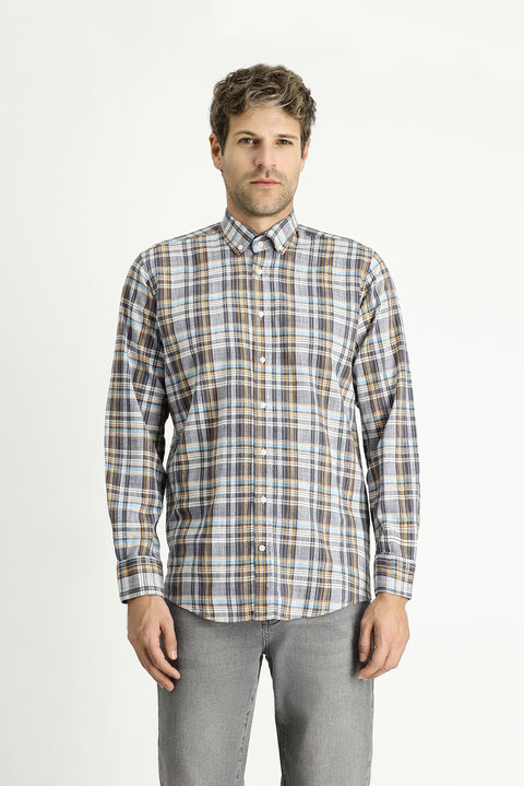 Light Anthracite Long Sleeve Regular Fit Plaid Sport Cotton Shirt