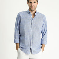 Light Navy Long Sleeve Regular Fit Plaid Sport Cotton Button-Down Shirt