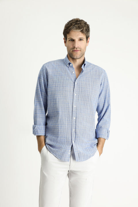 Light Navy Long Sleeve Regular Fit Plaid Sport Cotton Button-Down Shirt
