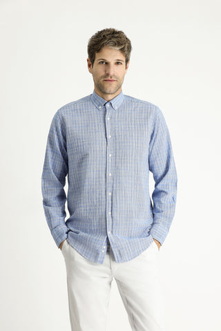  Açık Lacivert Uzun Kol Regular Fit Ekose Spor Pamuk Düğmeli Yaka Gömlek