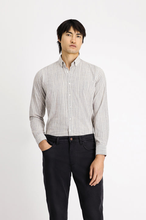 White and Navy Long Sleeve Regular Fit Plaid Sport Cotton Button-Down Collar Shirt
