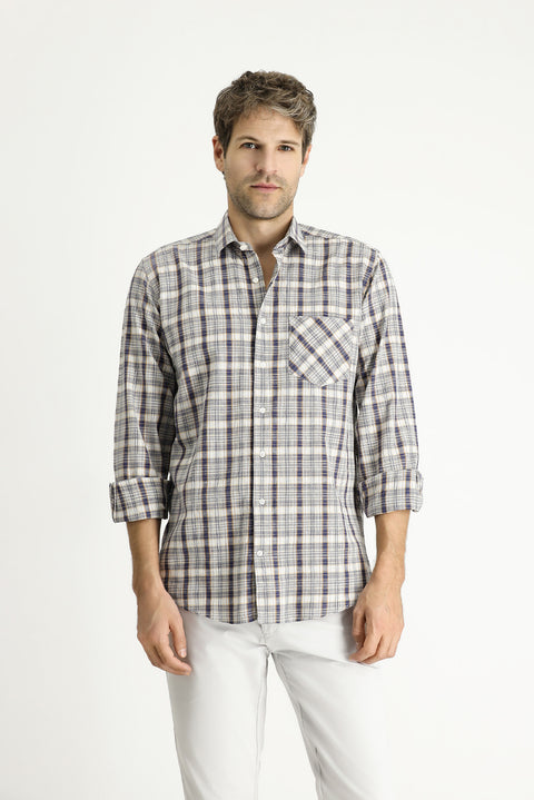 Medium Navy Long Sleeve Regular Fit Plaid Cotton Shirt