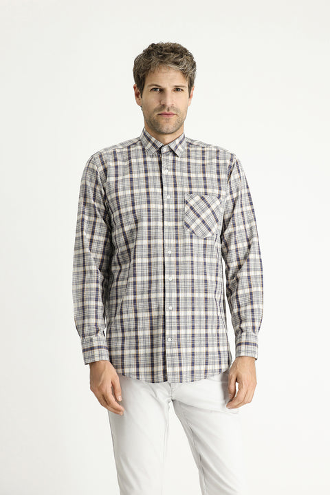 Medium Navy Long Sleeve Regular Fit Plaid Cotton Shirt