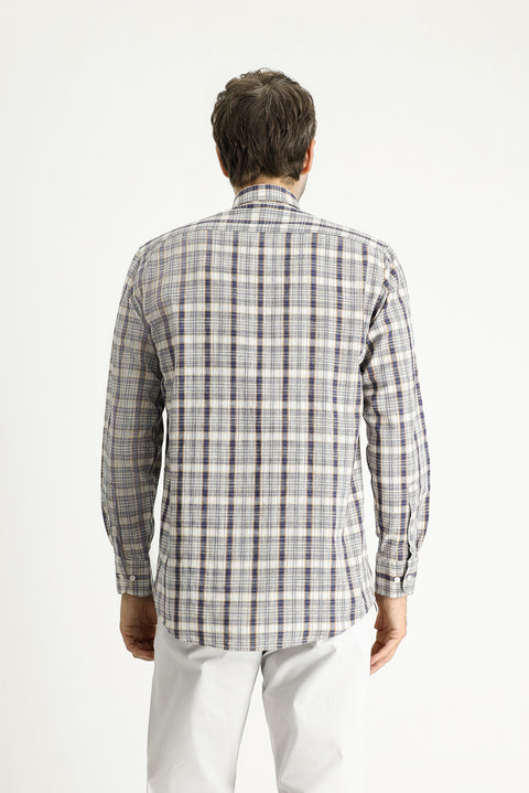 Medium Navy Long Sleeve Regular Fit Plaid Cotton Shirt