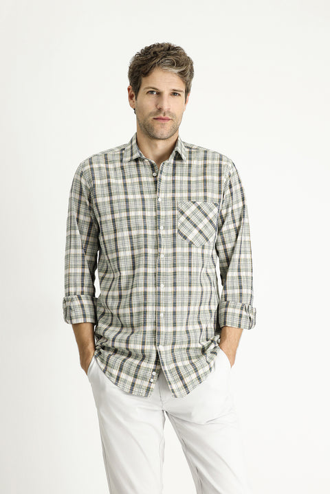 Medium Khaki Long Sleeve Regular Fit Plaid Cotton Shirt
