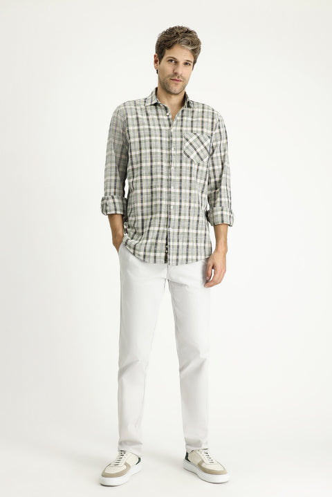 Medium Khaki Long Sleeve Regular Fit Plaid Cotton Shirt