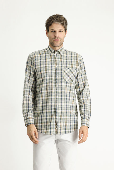 Medium Khaki Long Sleeve Regular Fit Plaid Cotton Shirt