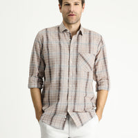 Light Brown Long Sleeve Regular Fit Plaid Cotton Shirt
