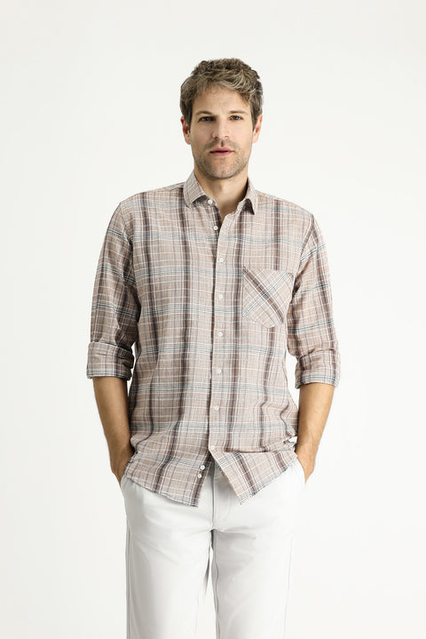 Light Brown Long Sleeve Regular Fit Plaid Cotton Shirt