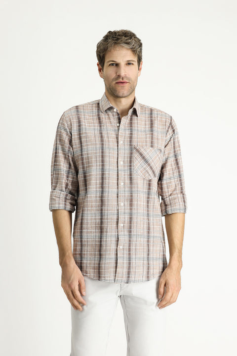 Light Brown Long Sleeve Regular Fit Plaid Cotton Shirt