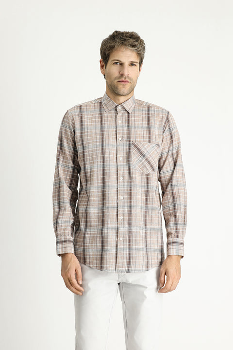 Light Brown Long Sleeve Regular Fit Plaid Cotton Shirt
