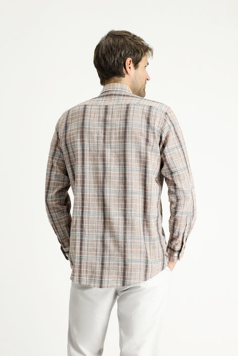 Light Brown Long Sleeve Regular Fit Plaid Cotton Shirt