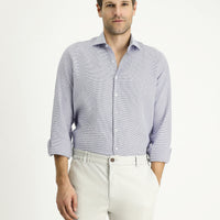 Light Navy Blue Long Sleeve Slim Fit Narrow Cut Classic Patterned Cotton Shirt