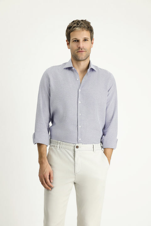 Light Navy Blue Long Sleeve Slim Fit Narrow Cut Classic Patterned Cotton Shirt