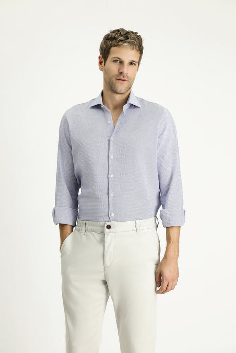 Light Navy Blue Long Sleeve Slim Fit Narrow Cut Classic Patterned Cotton Shirt
