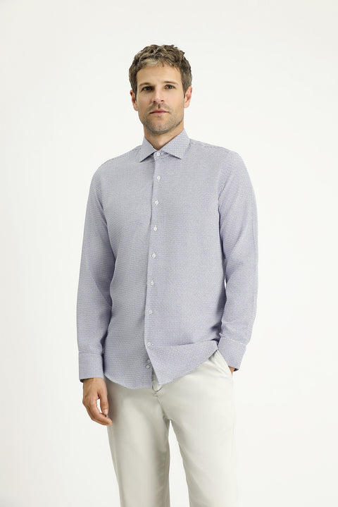 Light Navy Blue Long Sleeve Slim Fit Narrow Cut Classic Patterned Cotton Shirt
