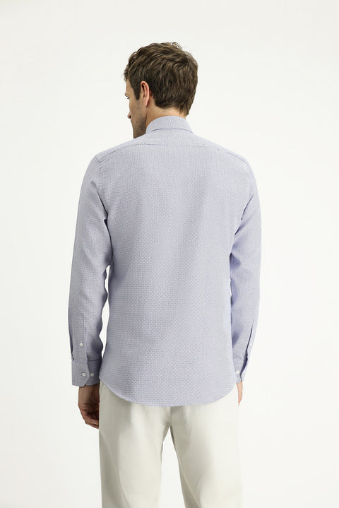 Light Navy Blue Long Sleeve Slim Fit Narrow Cut Classic Patterned Cotton Shirt