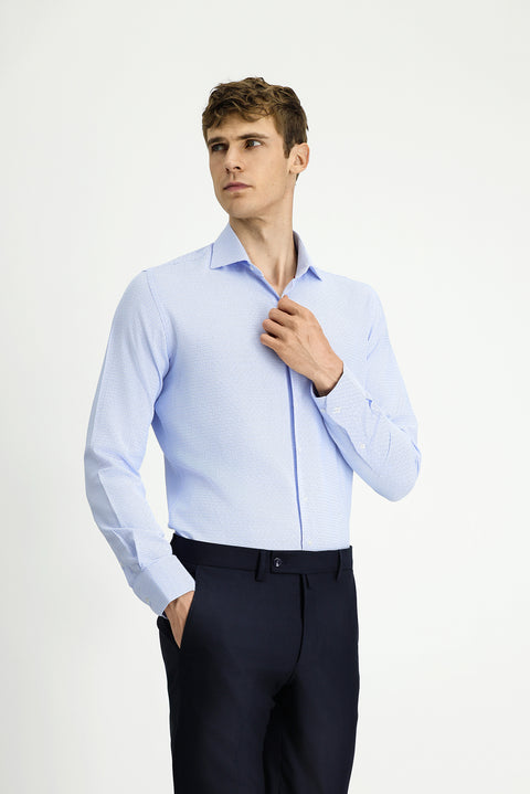 Light Blue Long Sleeve Slim Fit Narrow Cut Classic Patterned Cotton Shirt
