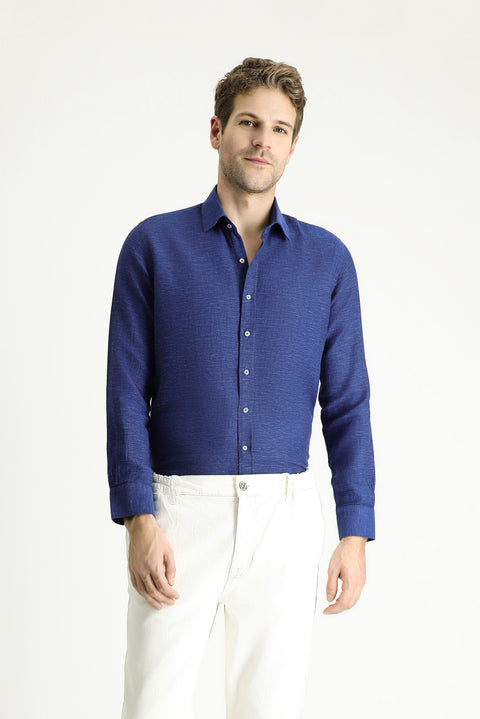 Light Navy Blue Long Sleeve Slim Fit Patterned Sport Cotton Shirt