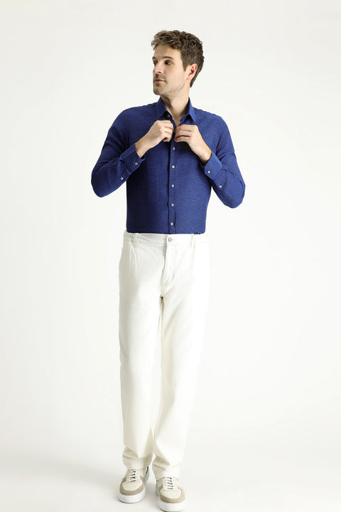 Light Navy Blue Long Sleeve Slim Fit Patterned Sport Cotton Shirt