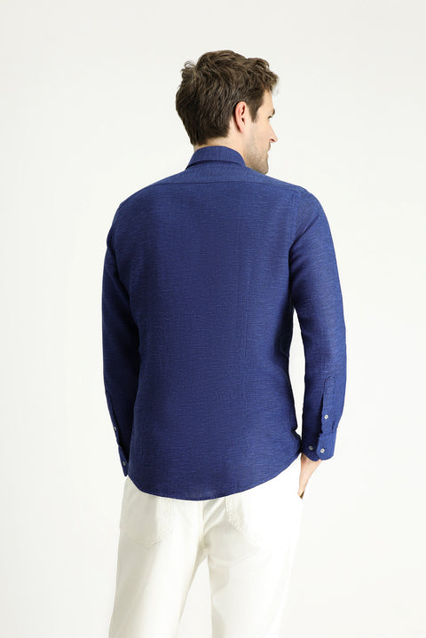 Light Navy Blue Long Sleeve Slim Fit Patterned Sport Cotton Shirt