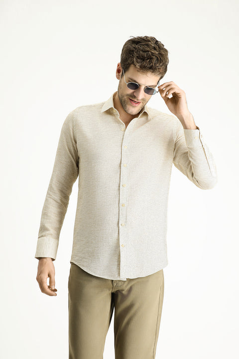 Dark Beige Long Sleeve Slim Fit Patterned Sport Cotton Shirt