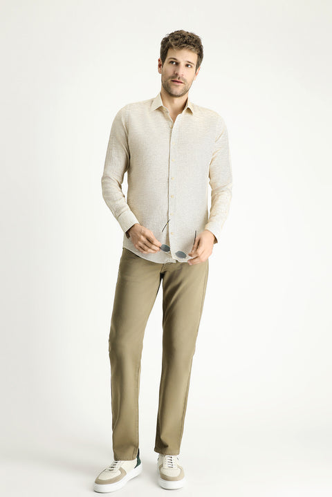 Dark Beige Long Sleeve Slim Fit Patterned Sport Cotton Shirt