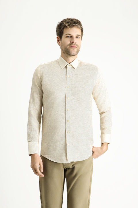 Dark Beige Long Sleeve Slim Fit Patterned Sport Cotton Shirt