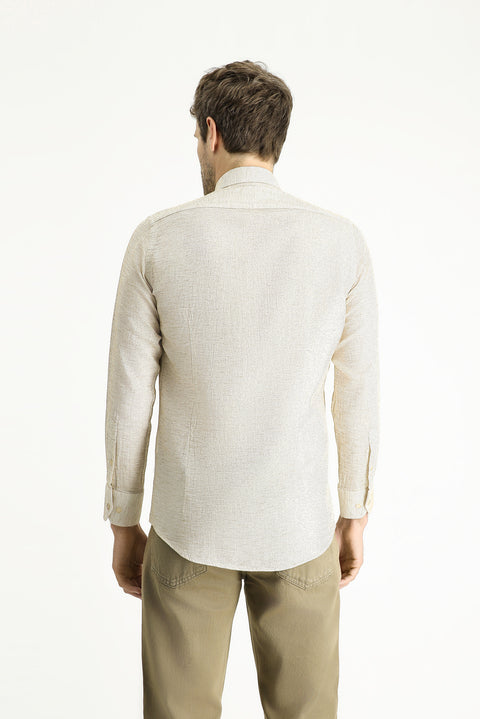Dark Beige Long Sleeve Slim Fit Patterned Sport Cotton Shirt
