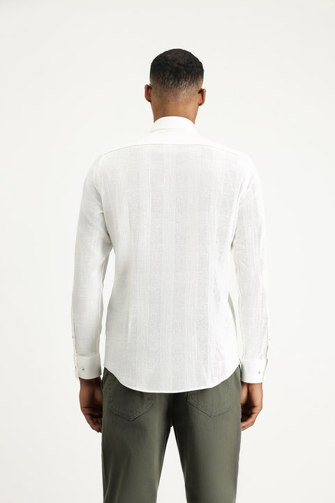 Off-white long-sleeved slim-fit patterned sporty cotton button-down collar shirt.