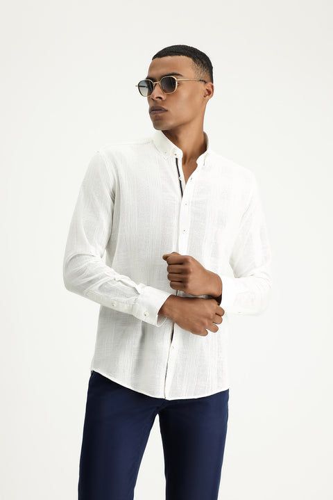 Off-white long-sleeved slim-fit patterned sporty cotton button-down collar shirt.