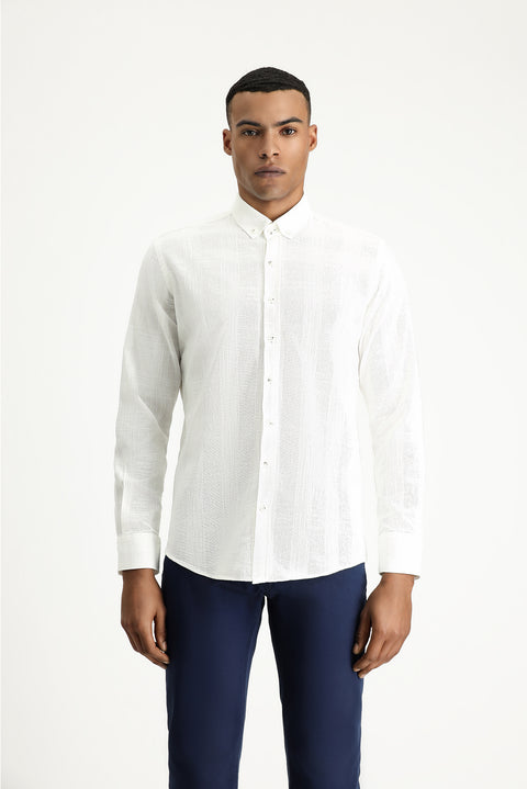 Off-white long-sleeved slim-fit patterned sporty cotton button-down collar shirt.