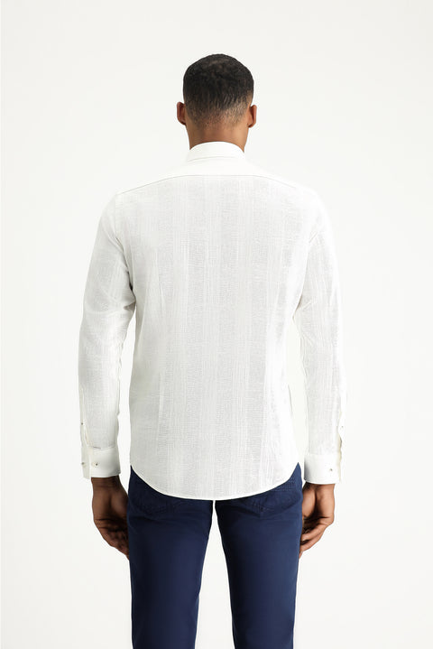 Off-white long-sleeved slim-fit patterned sporty cotton button-down collar shirt.