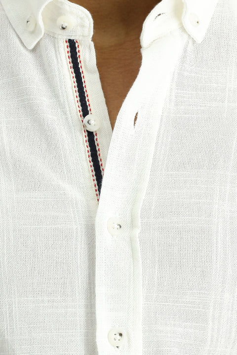 Off-white long-sleeved slim-fit patterned sporty cotton button-down collar shirt.