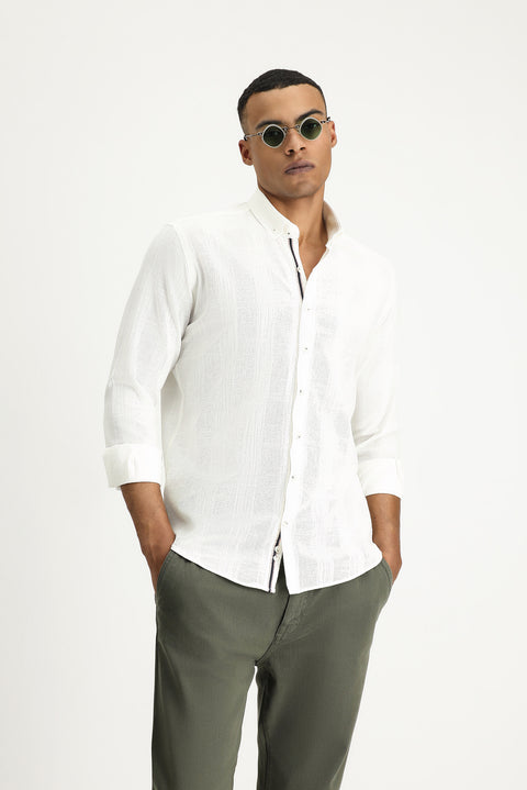 Off-white long-sleeved slim-fit patterned sporty cotton button-down collar shirt.