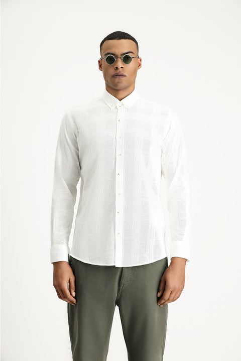 Off-white long-sleeved slim-fit patterned sporty cotton button-down collar shirt.