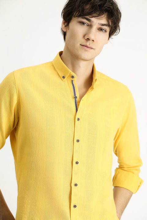 Dark Yellow Long Sleeve Slim Fit Narrow Cut Patterned Sporty Cotton Button-Down Collar Shirt