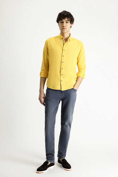 Dark Yellow Long Sleeve Slim Fit Narrow Cut Patterned Sporty Cotton Button-Down Collar Shirt