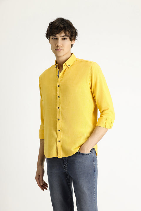 Dark Yellow Long Sleeve Slim Fit Narrow Cut Patterned Sporty Cotton Button-Down Collar Shirt
