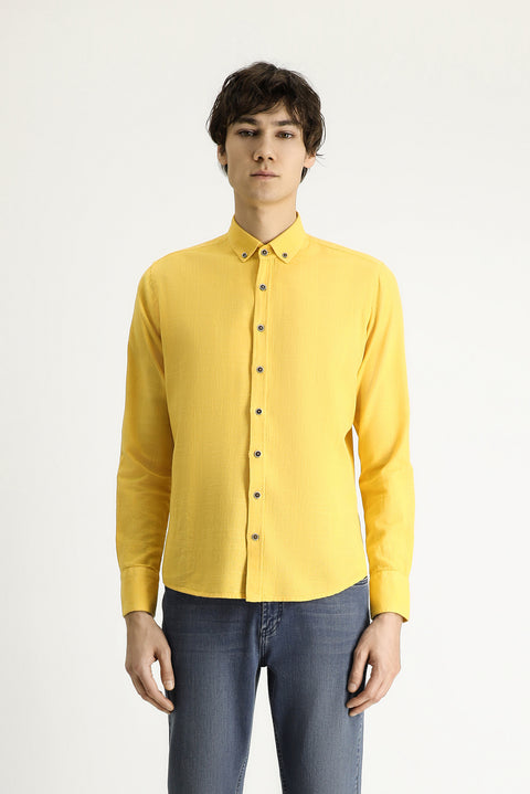 Dark Yellow Long Sleeve Slim Fit Narrow Cut Patterned Sporty Cotton Button-Down Collar Shirt