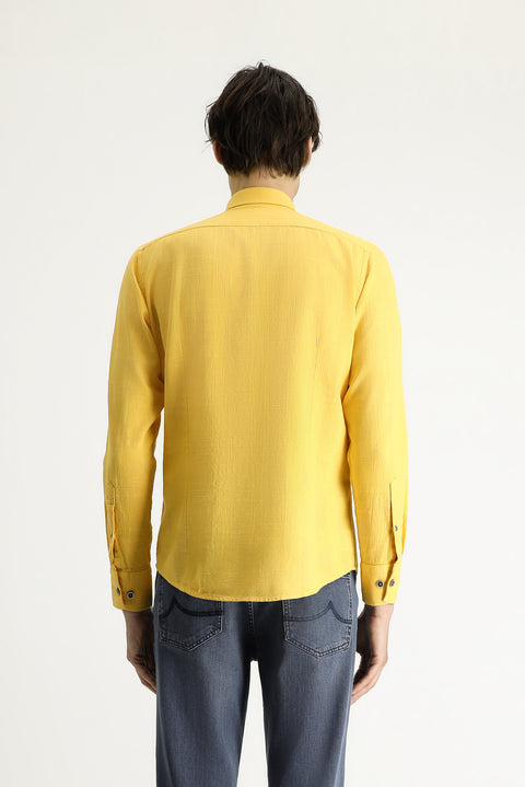 Dark Yellow Long Sleeve Slim Fit Narrow Cut Patterned Sporty Cotton Button-Down Collar Shirt