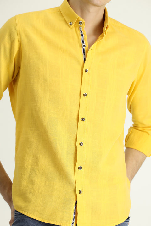 Dark Yellow Long Sleeve Slim Fit Narrow Cut Patterned Sporty Cotton Button-Down Collar Shirt